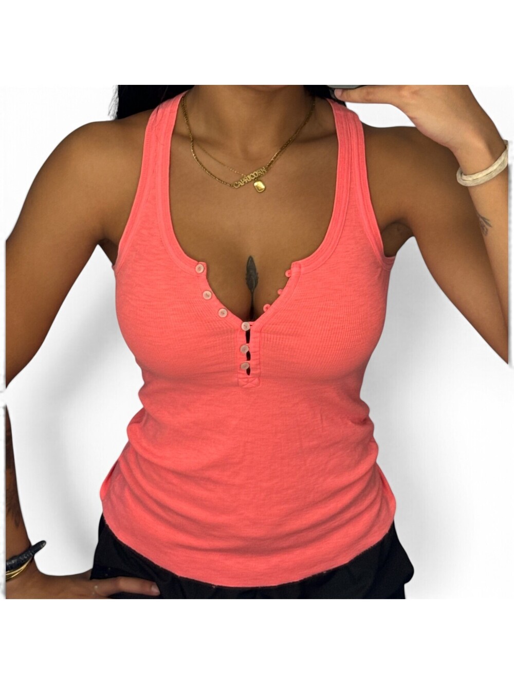 Aerie Coral Ribbed Button Racerback Tank Top